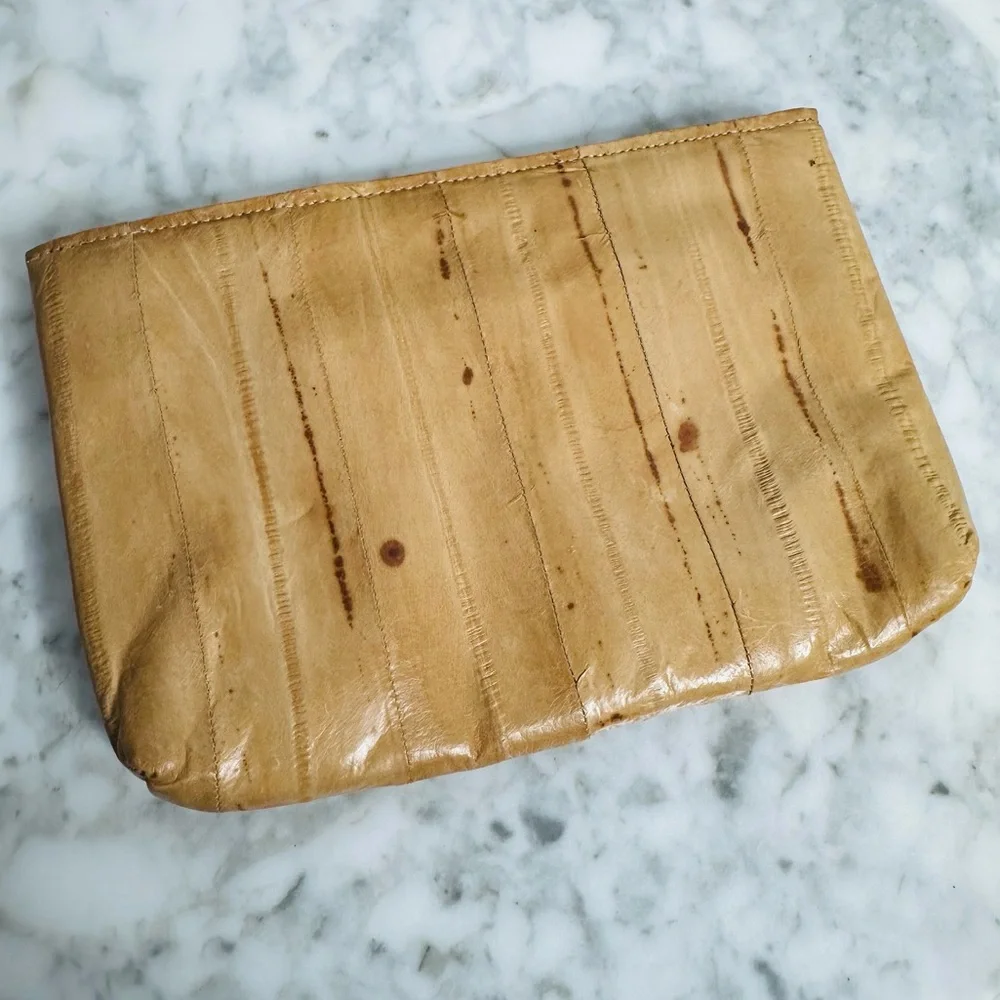Vintage Eel Skin Zip Pouch or Clutch in Camel